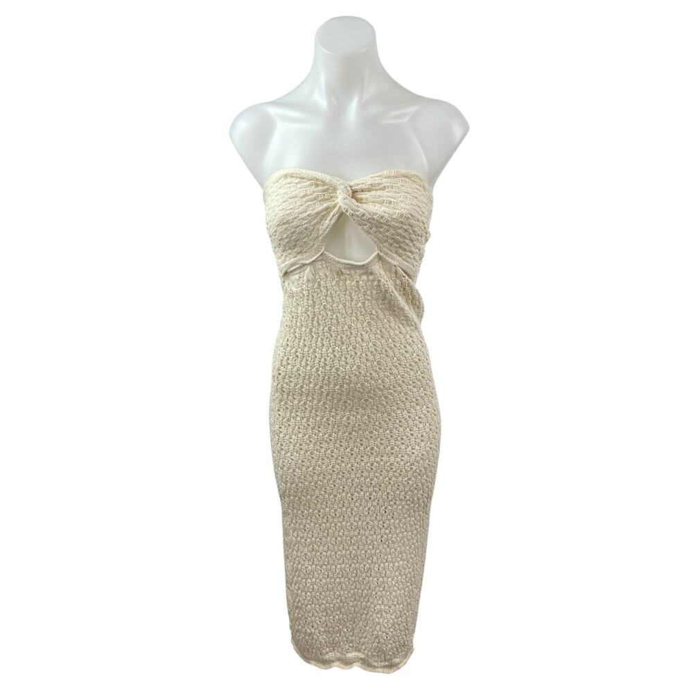 Zara Cream Crochet Knit Strapless Twist Front Slit Midi Bodycon Dress Size M
